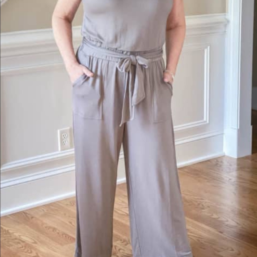 Loft-charcoal gray tie jumpsuit-soft fabric